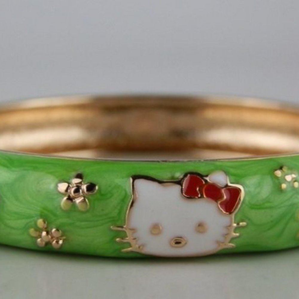 Hello Kitty Gold Tone & Green Enamel Hinged Bangle